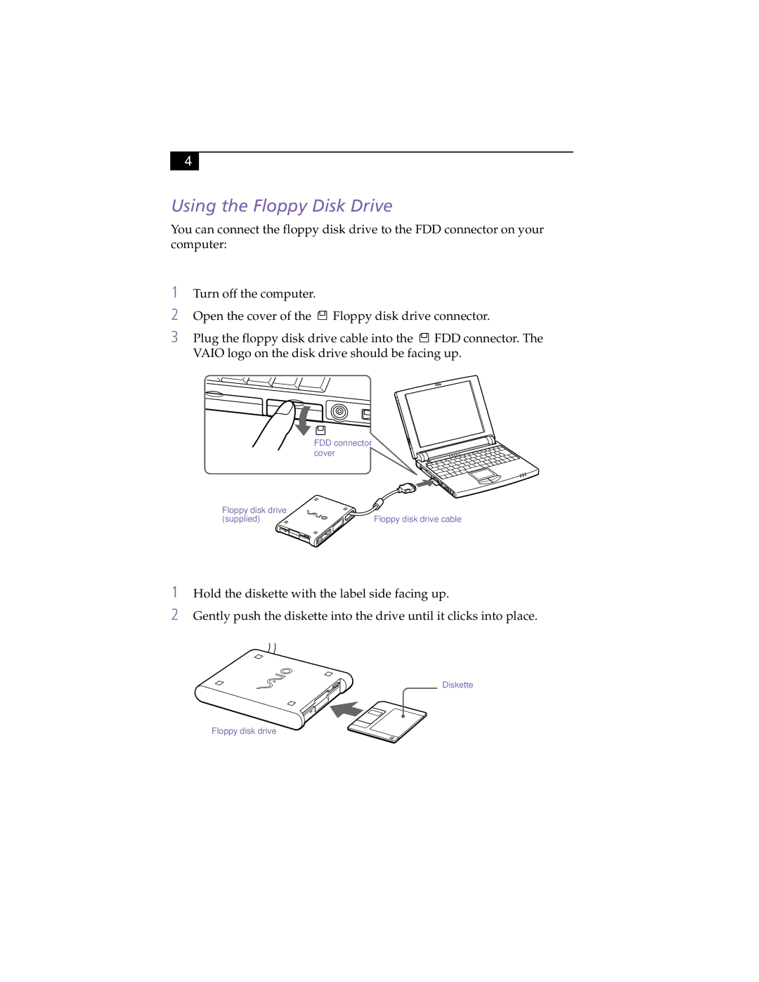 Sony PCG505FX manual Toc mputconnectr thefloppydiskdrive, Using the Floppy Disk Drive 