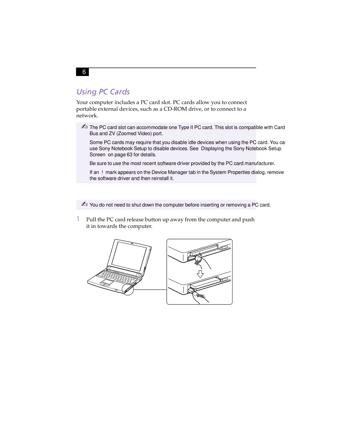 Sony PCG505FX manual Using PC Cards, VAIO505SuperSlimNotebookUserGuide 