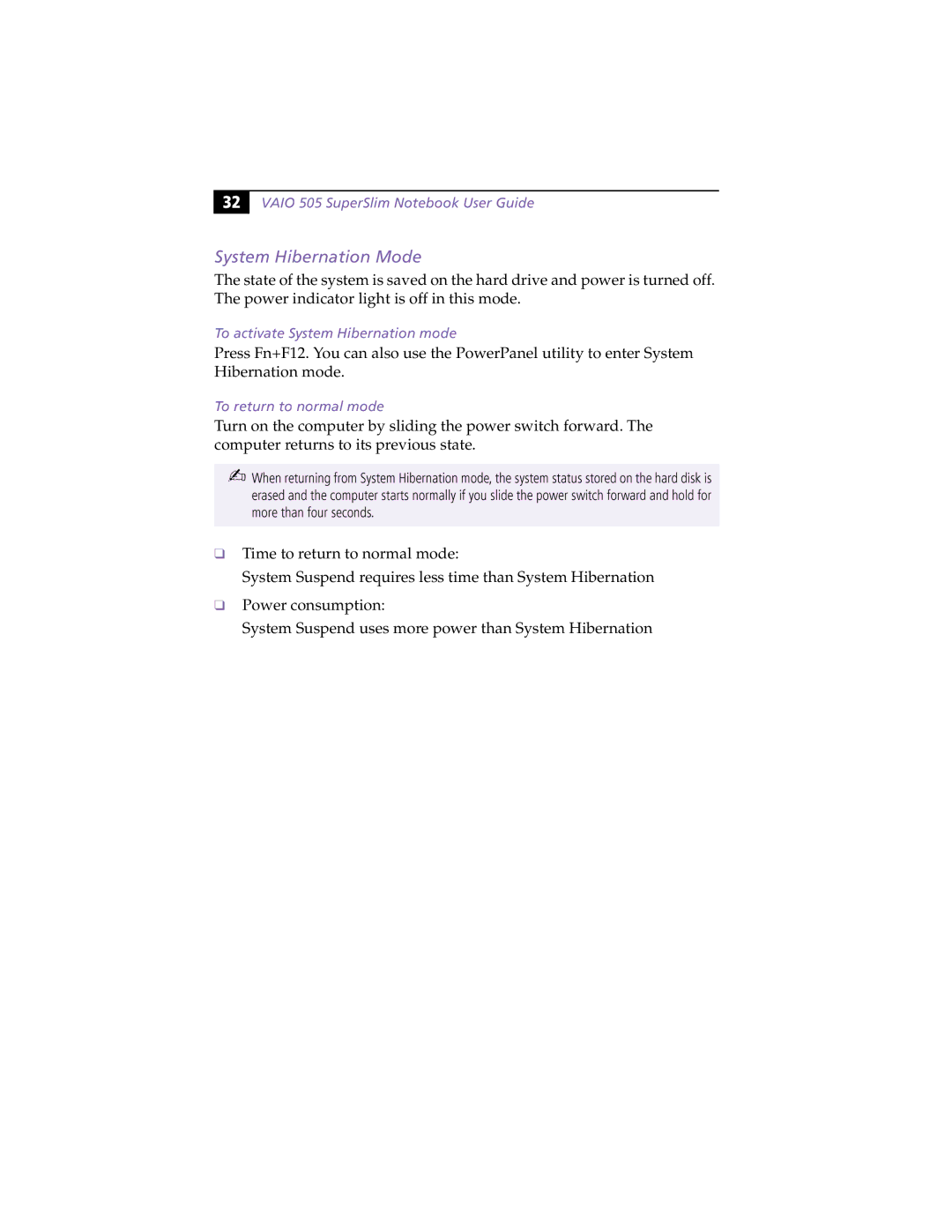 Sony PCG505FX manual HibToreturn rnationtonormal mode. mode 