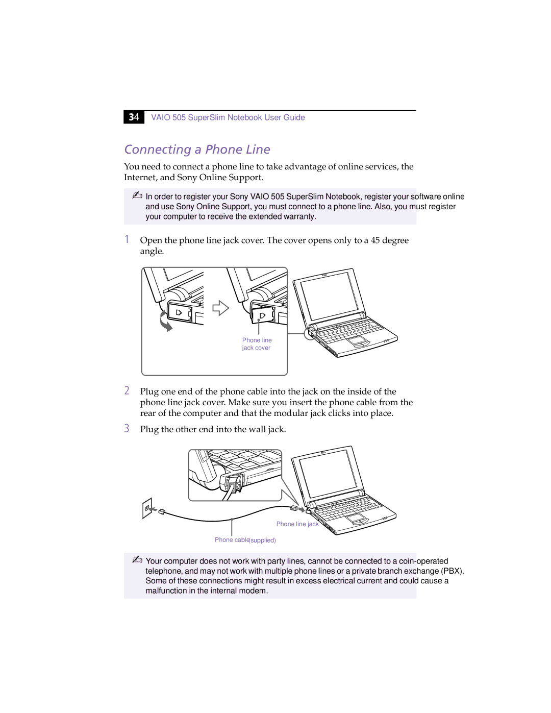 Sony PCG505FX manual Angle. jack cover, Connecting a Phone Line 