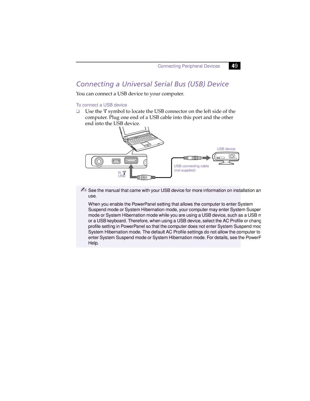 Sony PCG505FX manual Connecting a Universal Serial Bus USB Device 