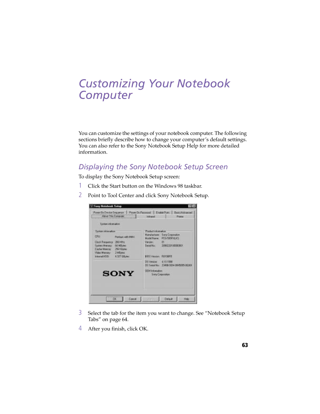 Sony PCG505FX manual Customizing Your Notebook Computer, Displaying the Sony Notebook Setup Screen 