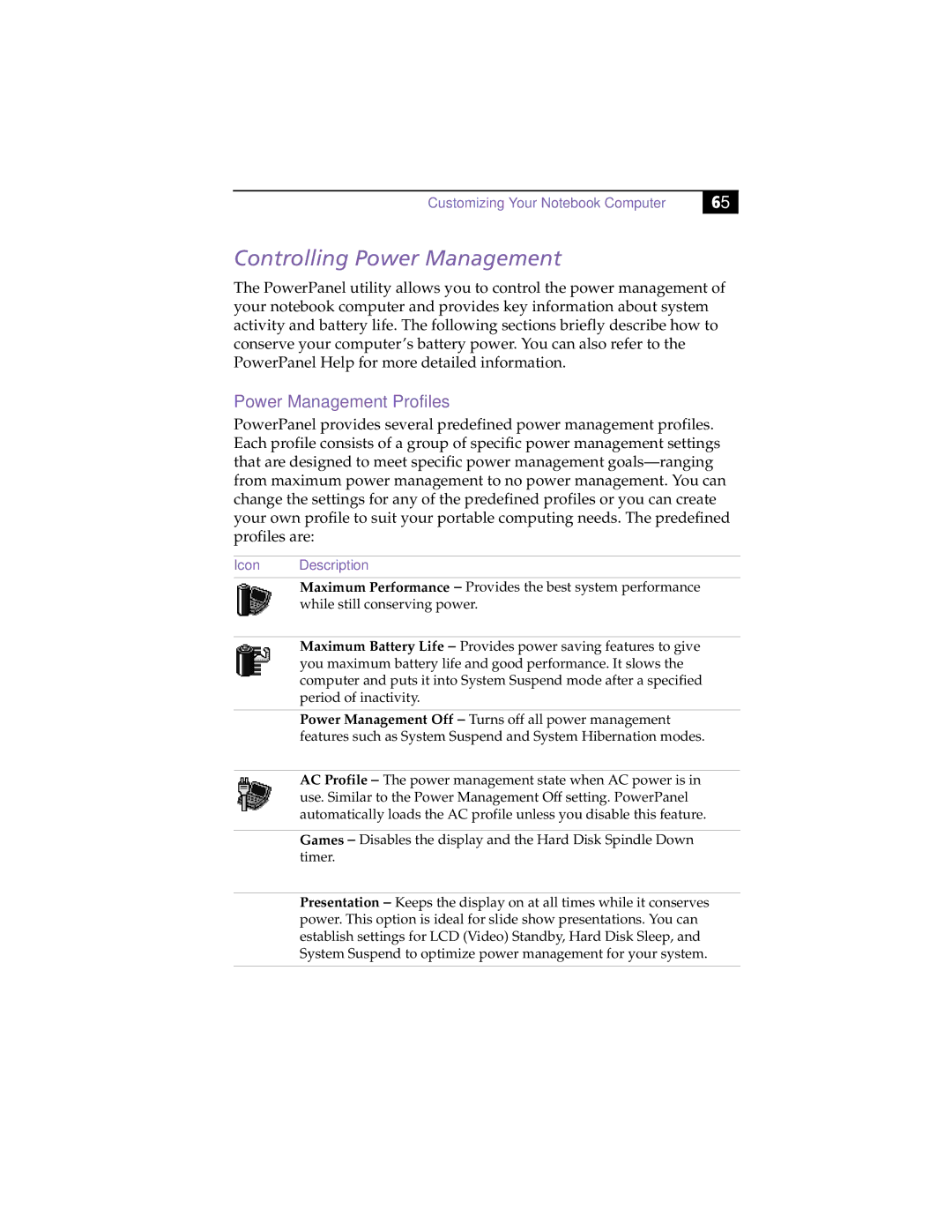 Sony PCG505FX manual CustomizingYourNotebookComputer, Controlling Power Management 