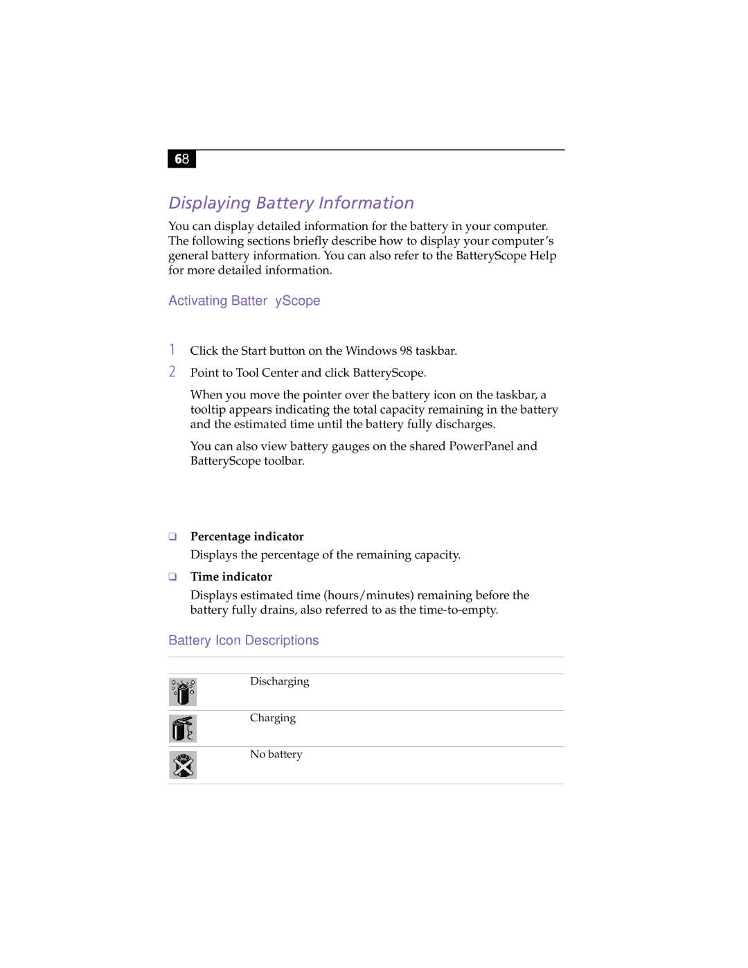 Sony PCG505FX manual Displaying Battery Information, Time indicator 