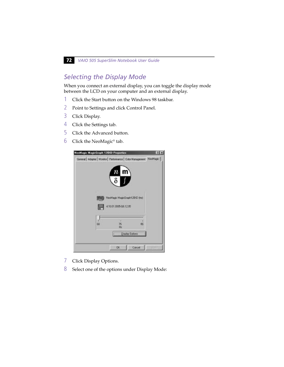 Sony PCG505FX manual Selecting the Display Mode 