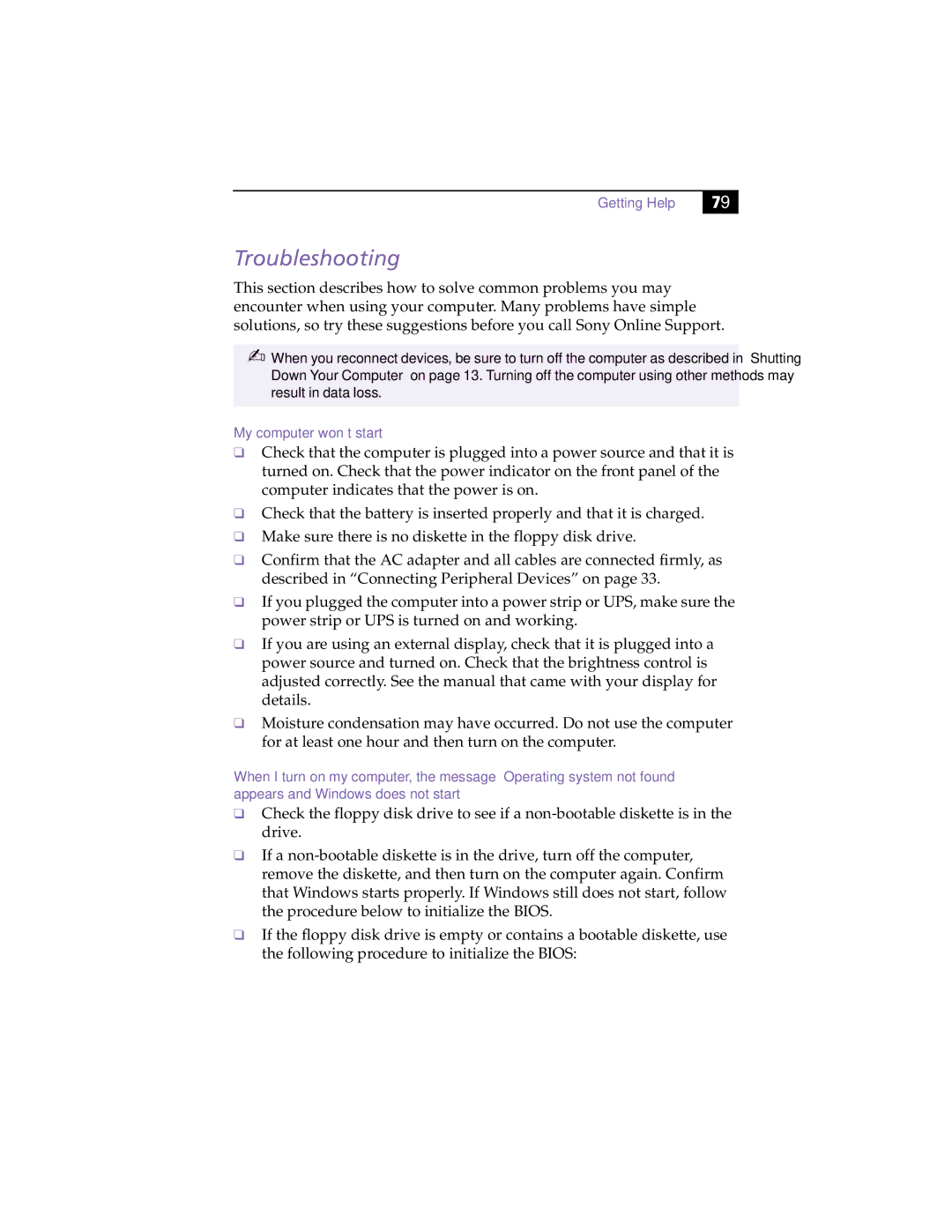 Sony PCG505FX manual Troubleshooting, GettingHelp 