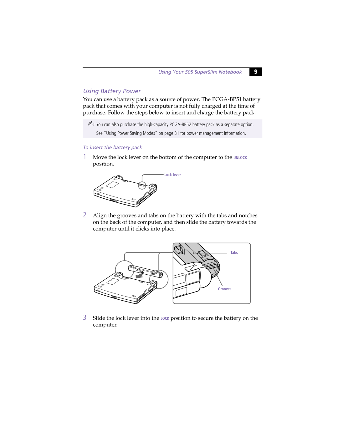 Sony PCG505FX manual UsingBatteryPower, UsingYour505SuperSlimNotebook 