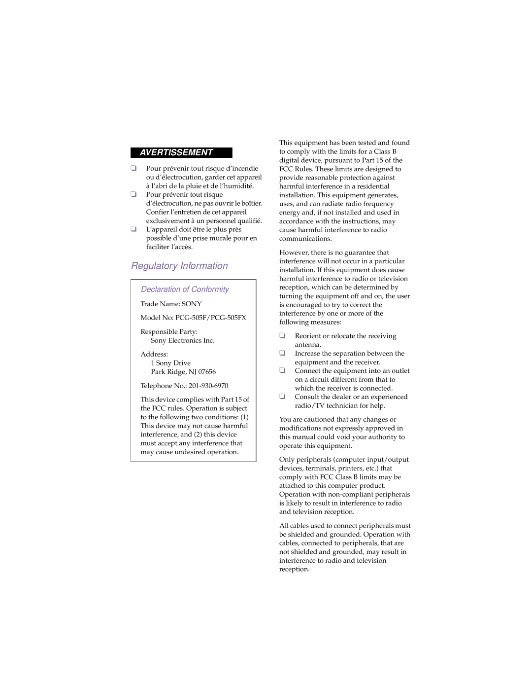 Sony PCG505FX manual Regulatory Information, Avertissement, Declaration of Conformity 