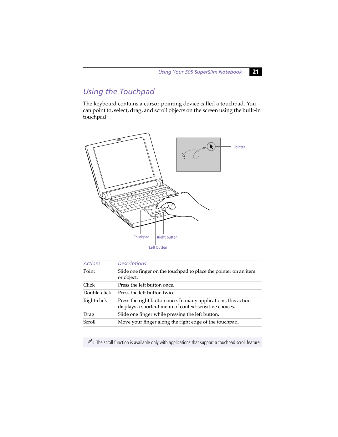 Sony PCG505FX manual TouchpadLeftbuttonRightbutton, UsingYour505SuperSlimNotebook 
