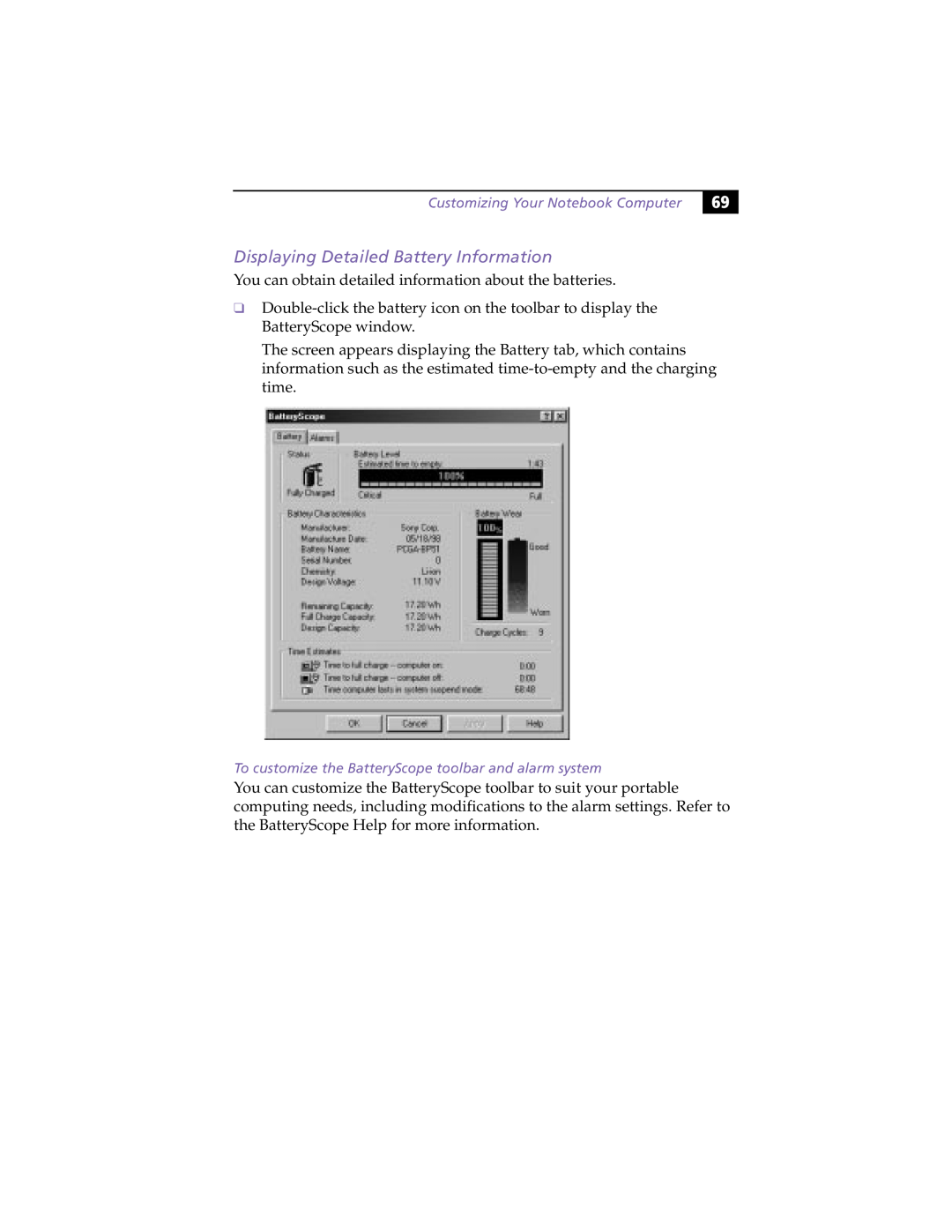 Sony PCG505FX manual Tosystem, DisplayingDetailedBatteryCustomizingInformationYourNotebookComputer 