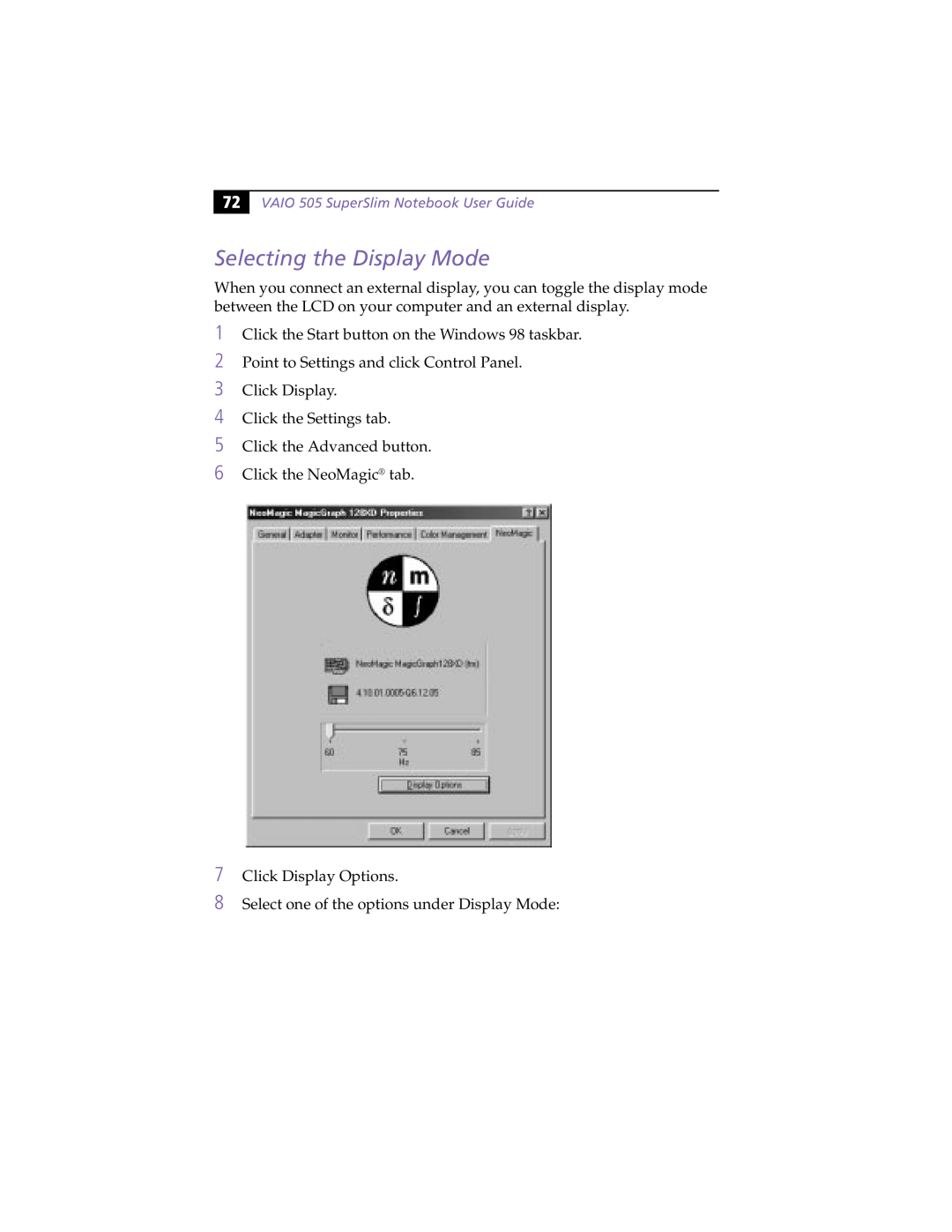 Sony PCG505FX manual Selecting the Display Mode, VAIO505SuperSlimNotebookUserGuide 