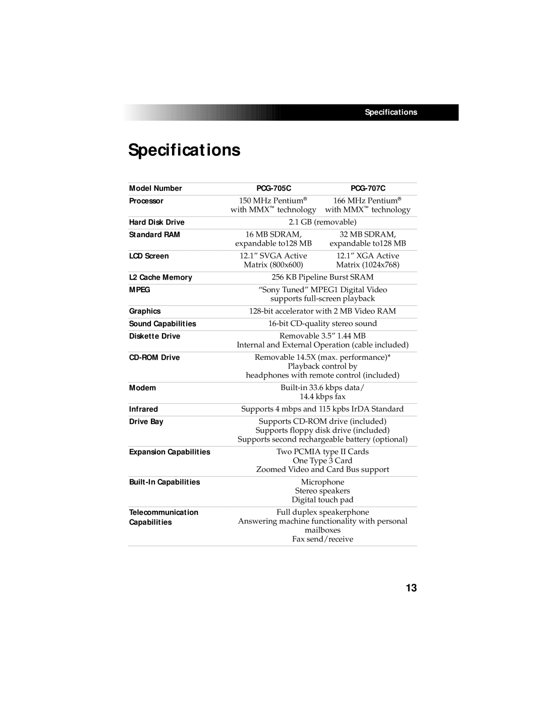 Sony 707C, PCG705C manual Specifications 