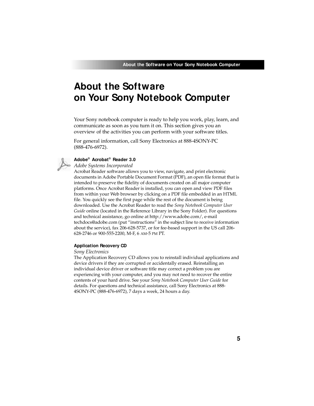 Sony 707C, PCG705C manual Adobe Acrobat Reader, Adobe Systems Incorporated, Application Recovery CD, Sony Electronics 