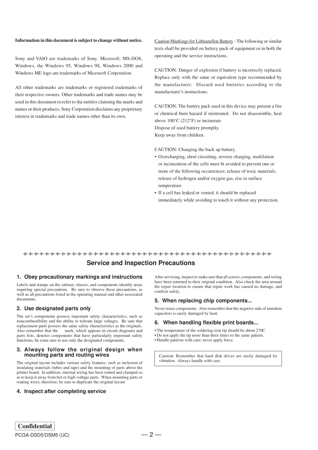 Sony PCGA-DSD5, PCGA-DSM5 service manual Service and Inspection Precautions 