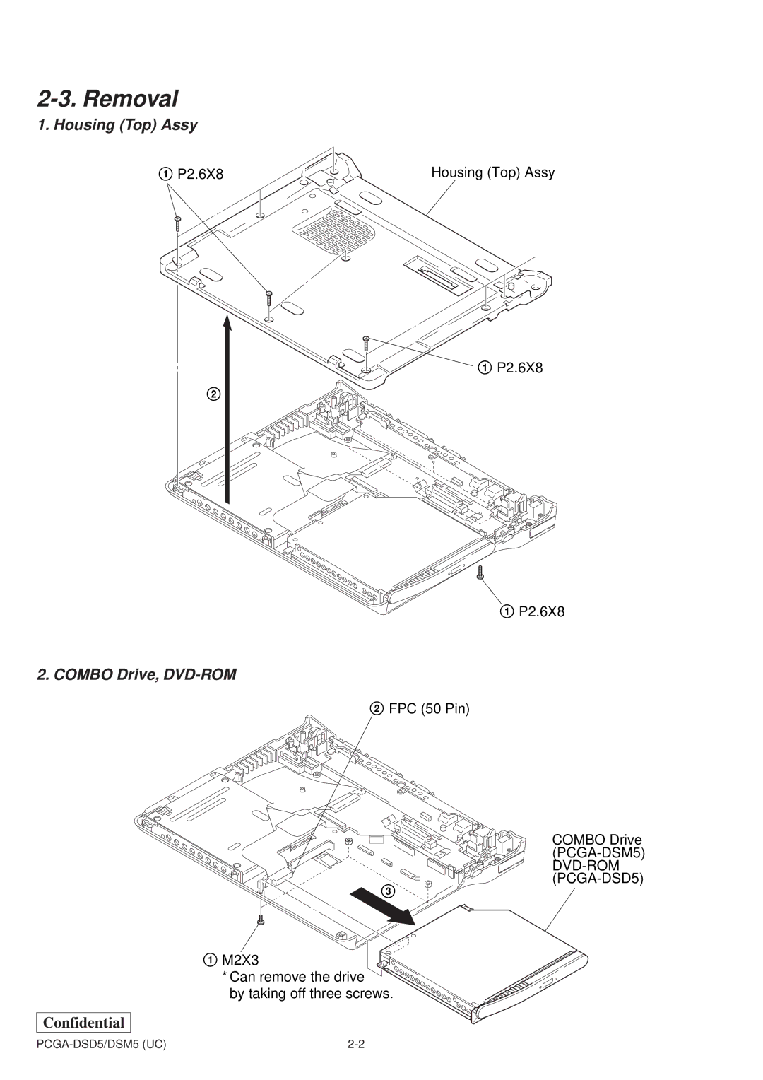 Sony PCGA-DSM5, PCGA-DSD5 service manual Removal, Combo Drive, DVD-ROM 