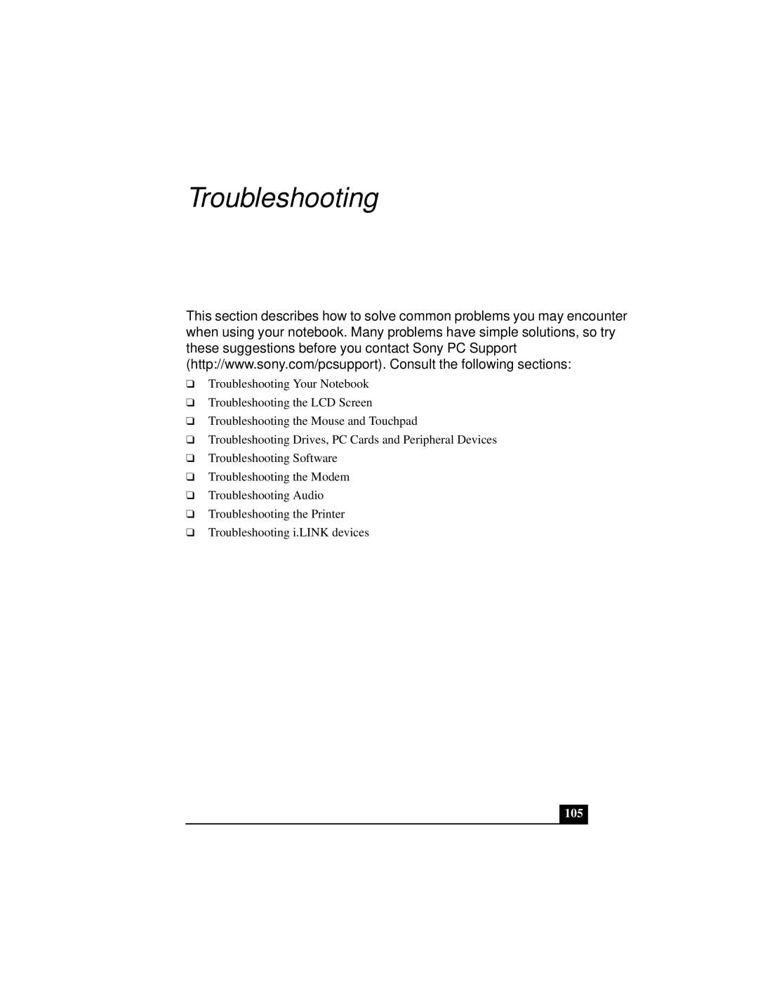 Sony PCGA-UMS1 manual Troubleshooting, 105 