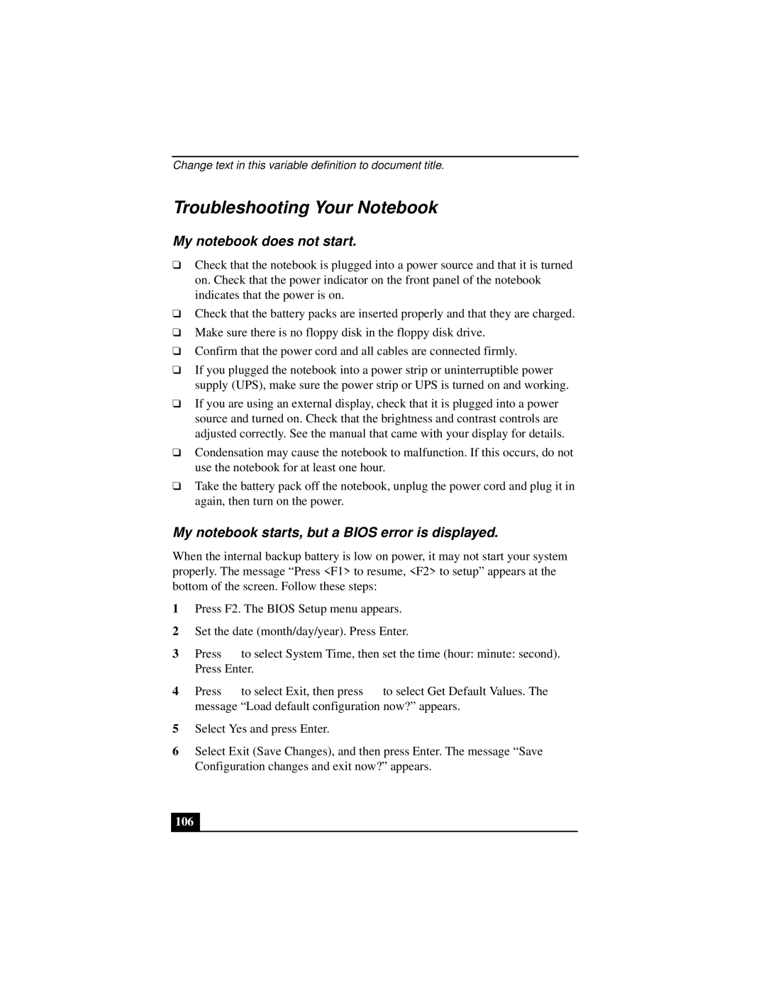 Sony PCGA-UMS1 manual Troubleshooting Your Notebook, My notebook does not start, 106 