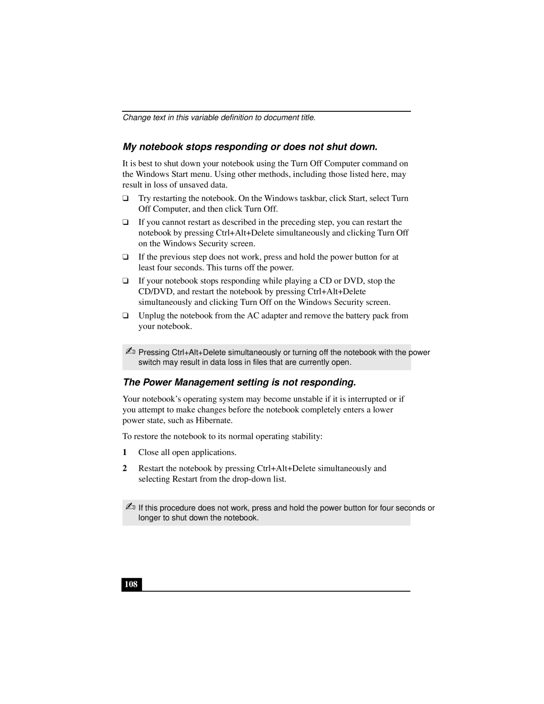 Sony PCGA-UMS1 manual My notebook stops responding or does not shut down, Power Management setting is not responding, 108 