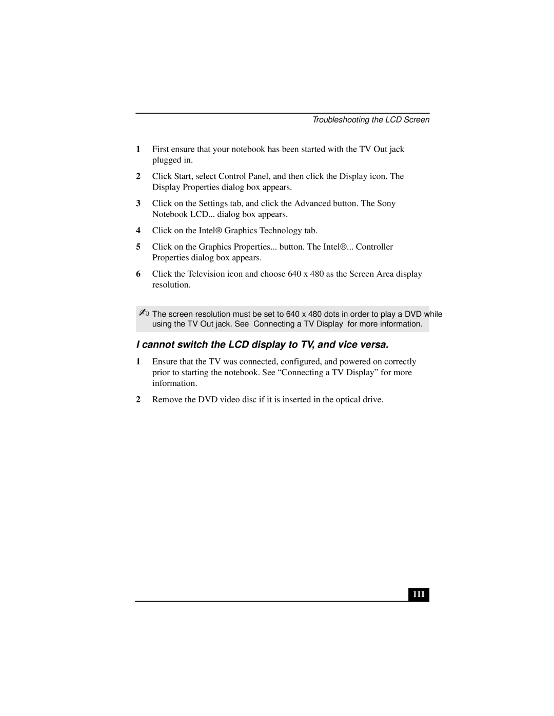 Sony PCGA-UMS1 manual Cannot switch the LCD display to TV, and vice versa, 111 