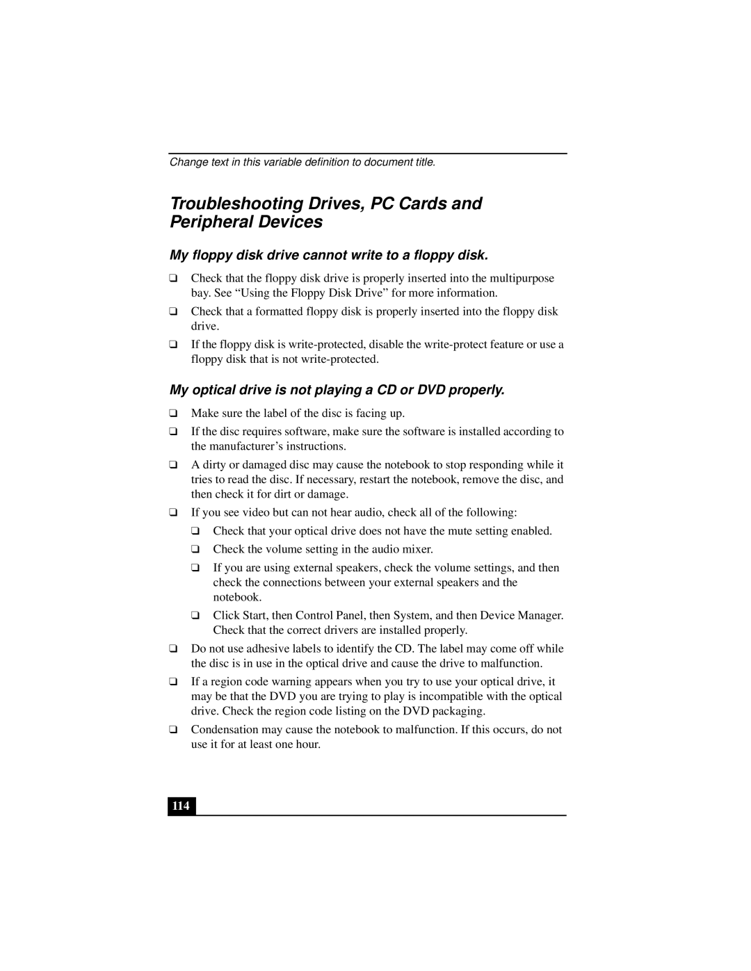 Sony PCGA-UMS1 Troubleshooting Drives, PC Cards and Peripheral Devices, My floppy disk drive cannot write to a floppy disk 