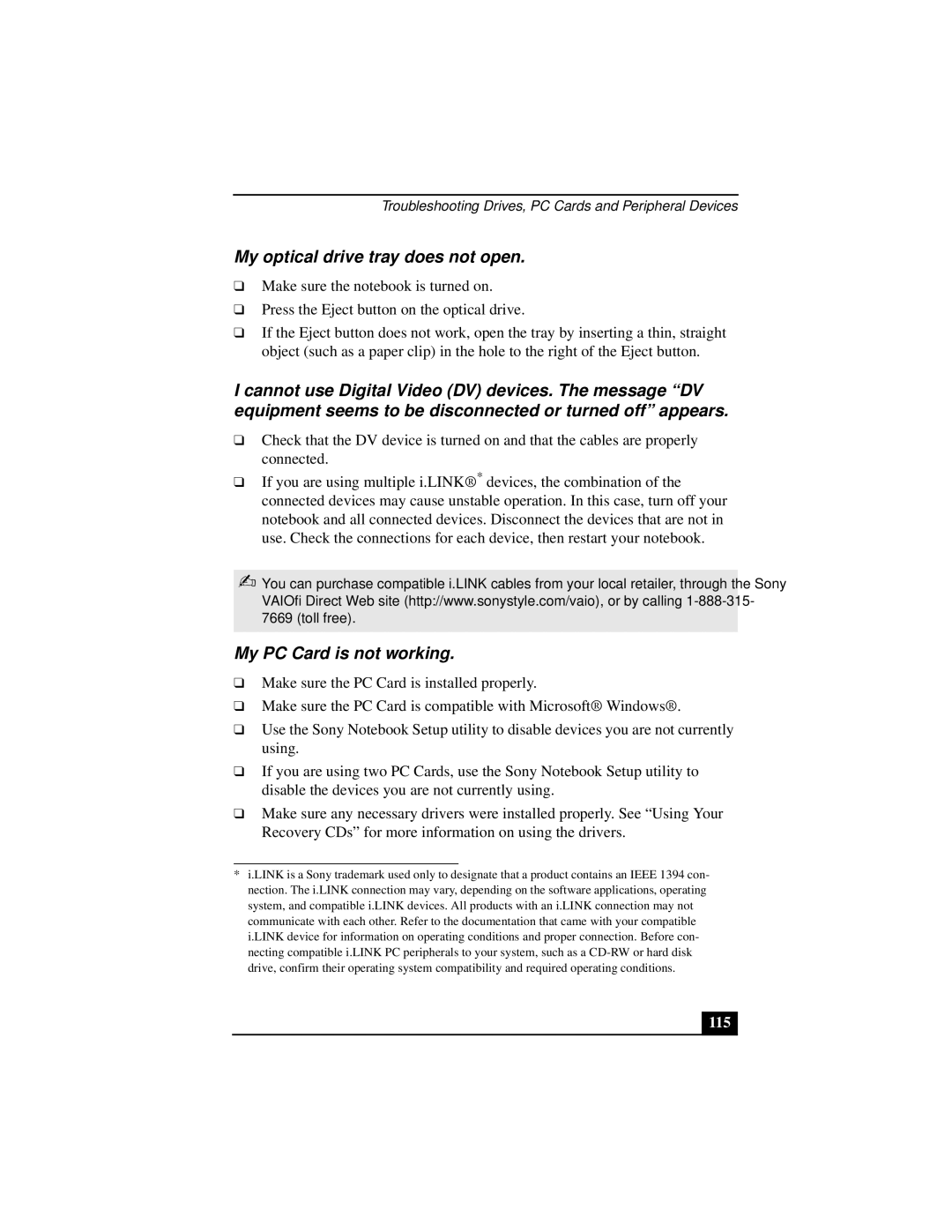 Sony PCGA-UMS1 manual My optical drive tray does not open, My PC Card is not working, 115 