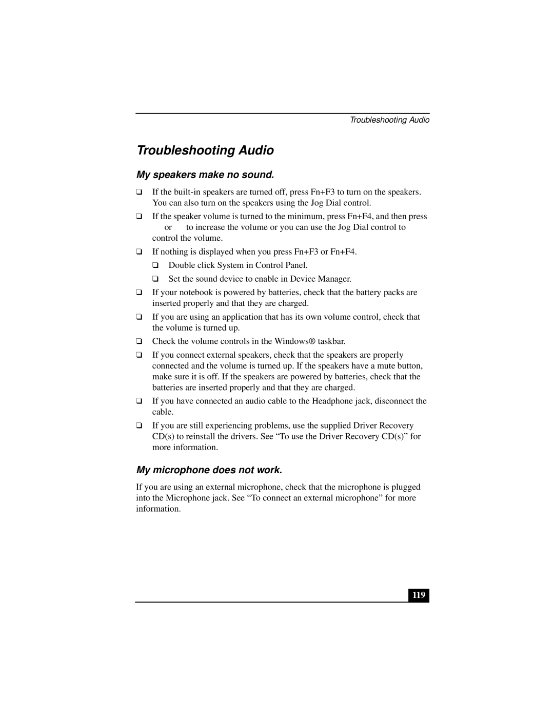 Sony PCGA-UMS1 manual Troubleshooting Audio, My speakers make no sound, My microphone does not work, 119 