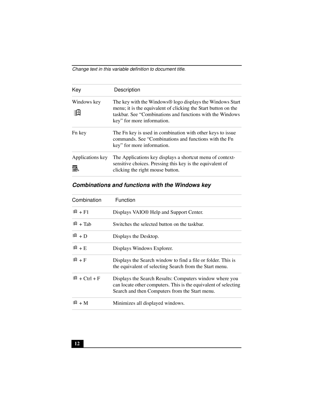 Sony PCGA-UMS1 manual Combinations and functions with the Windows key, Combination Function 