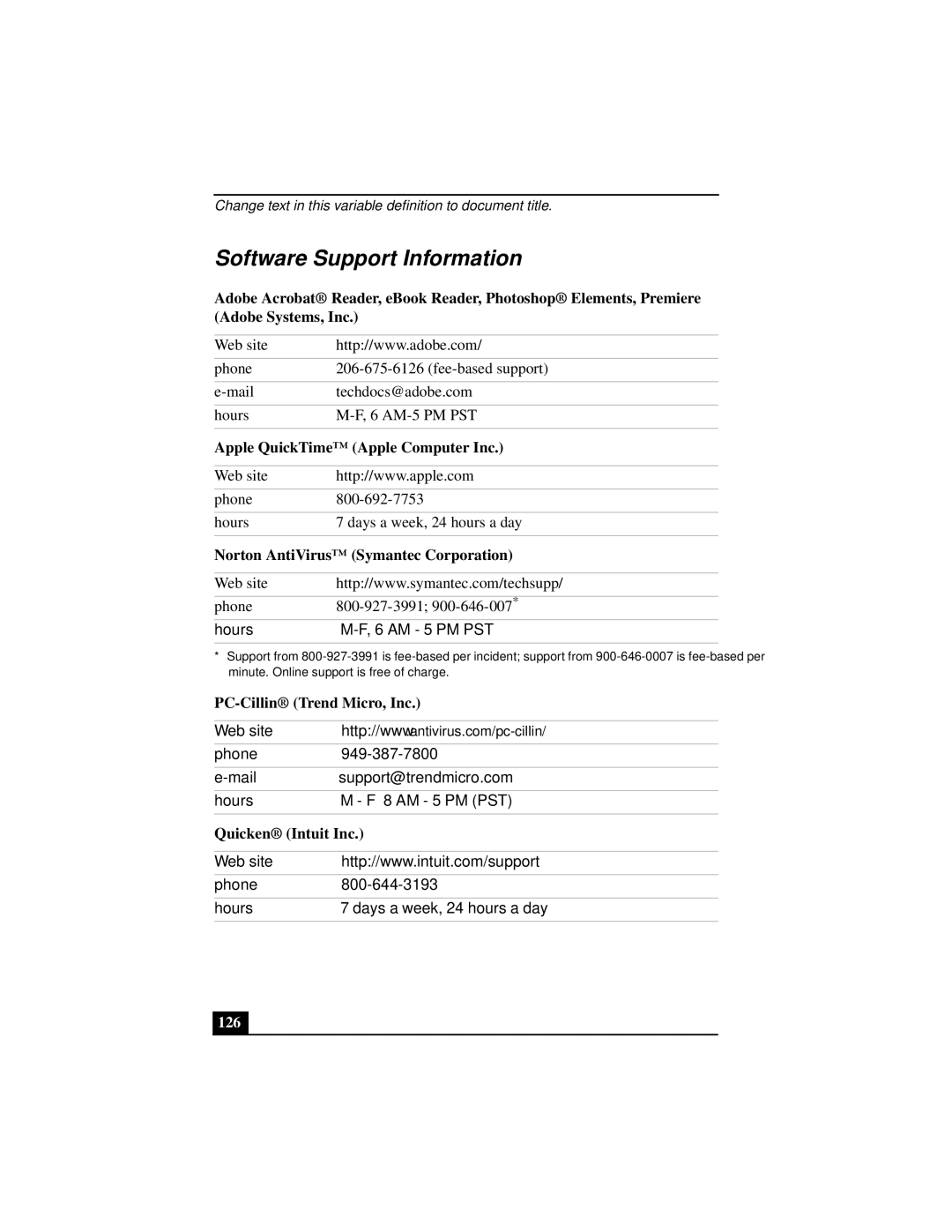 Sony PCGA-UMS1 manual Software Support Information, 126 