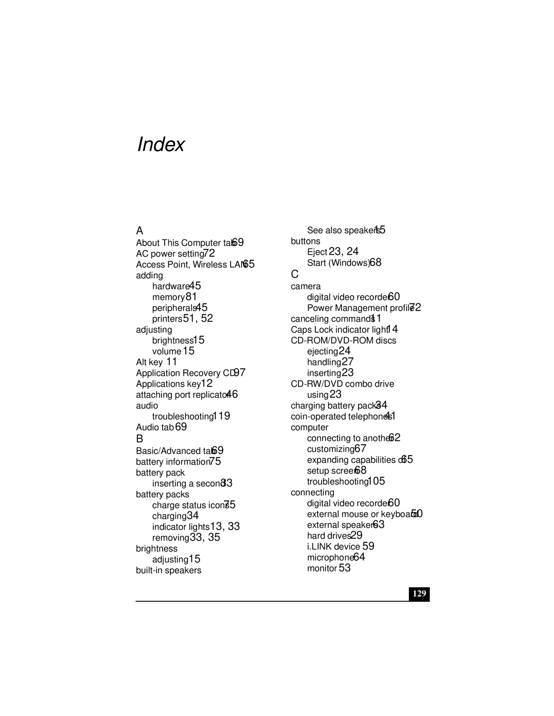 Sony PCGA-UMS1 manual Index, 129 