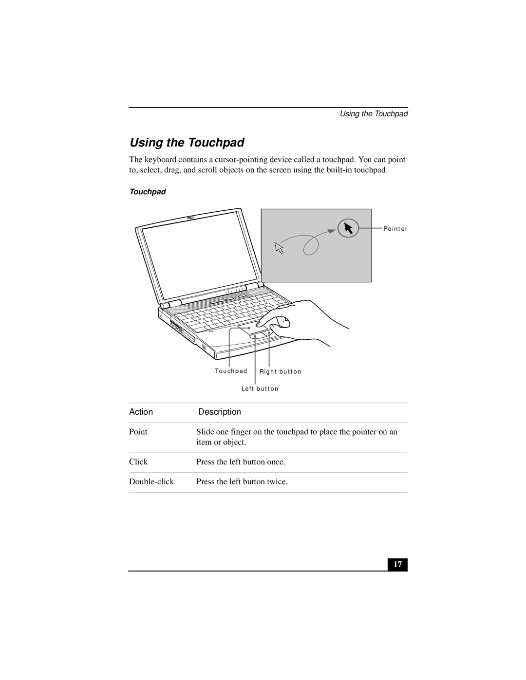 Sony PCGA-UMS1 manual Using the Touchpad, Action Description 