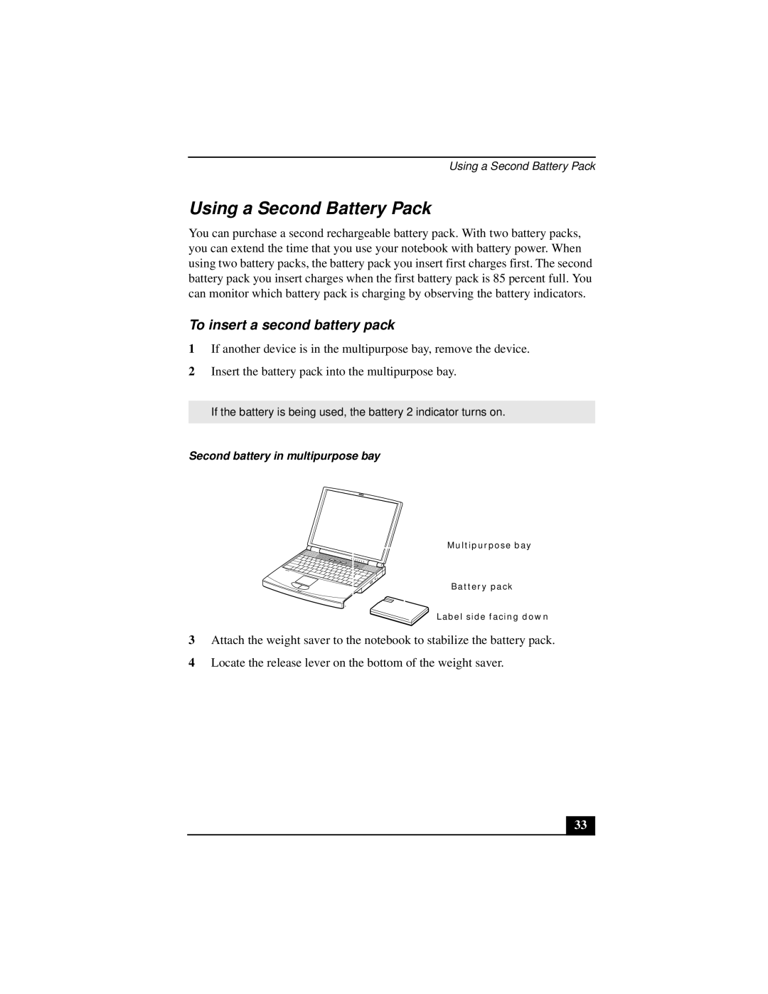 Sony PCGA-UMS1 manual Using a Second Battery Pack, To insert a second battery pack, Second battery in multipurpose bay 