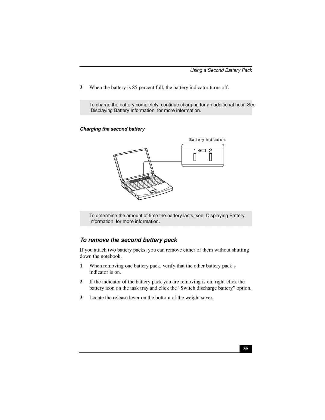 Sony PCGA-UMS1 manual To remove the second battery pack, Charging the second battery 