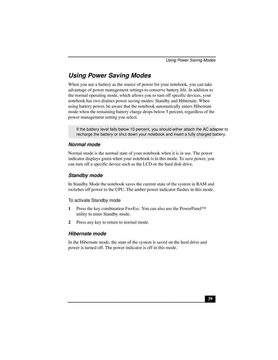 Sony PCGA-UMS1 manual Using Power Saving Modes, Normal mode, Hibernate mode, To activate Standby mode 