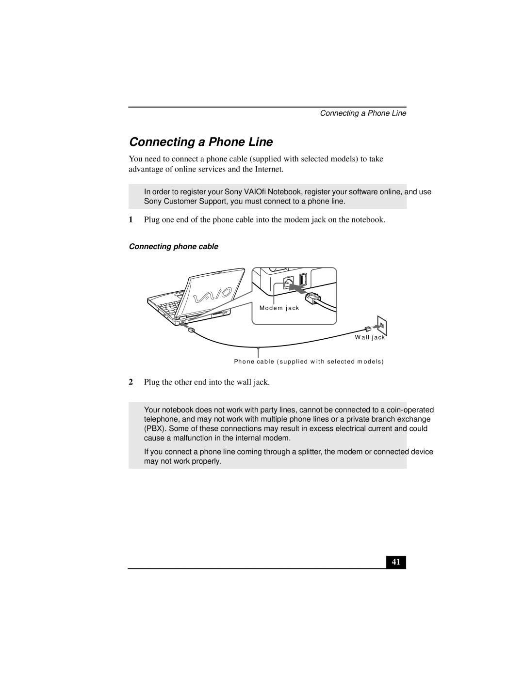 Sony PCGA-UMS1 manual Connecting a Phone Line, Connecting phone cable 