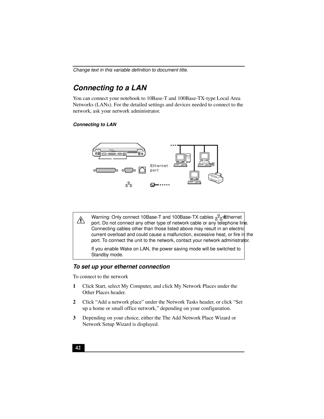 Sony PCGA-UMS1 manual Connecting to a LAN, To set up your ethernet connection, Connecting to LAN 