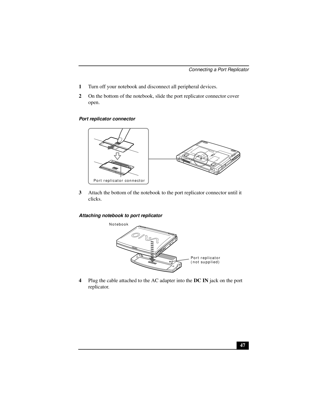 Sony PCGA-UMS1 manual Port replicator connector, Attaching notebook to port replicator 