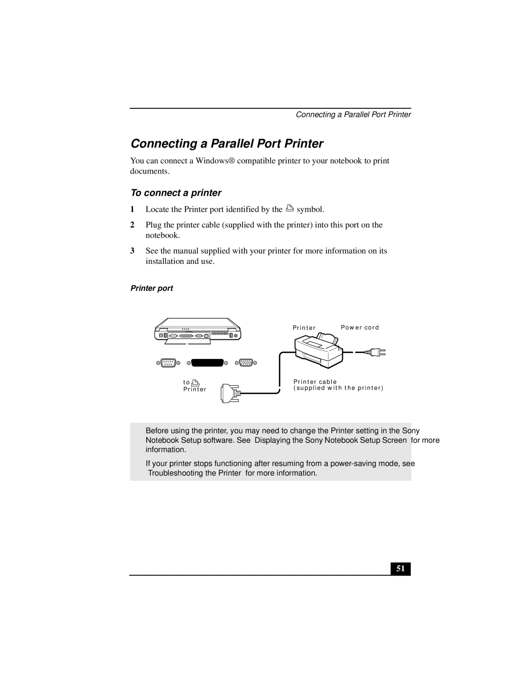 Sony PCGA-UMS1 manual Connecting a Parallel Port Printer, To connect a printer, Printer port 