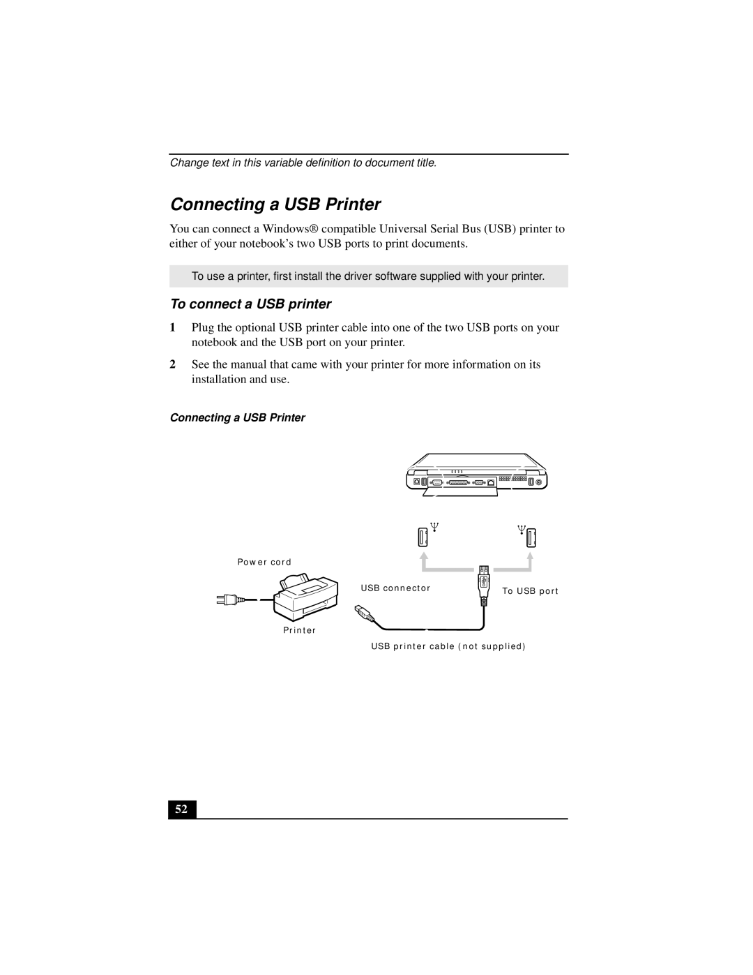 Sony PCGA-UMS1 manual Connecting a USB Printer, To connect a USB printer 