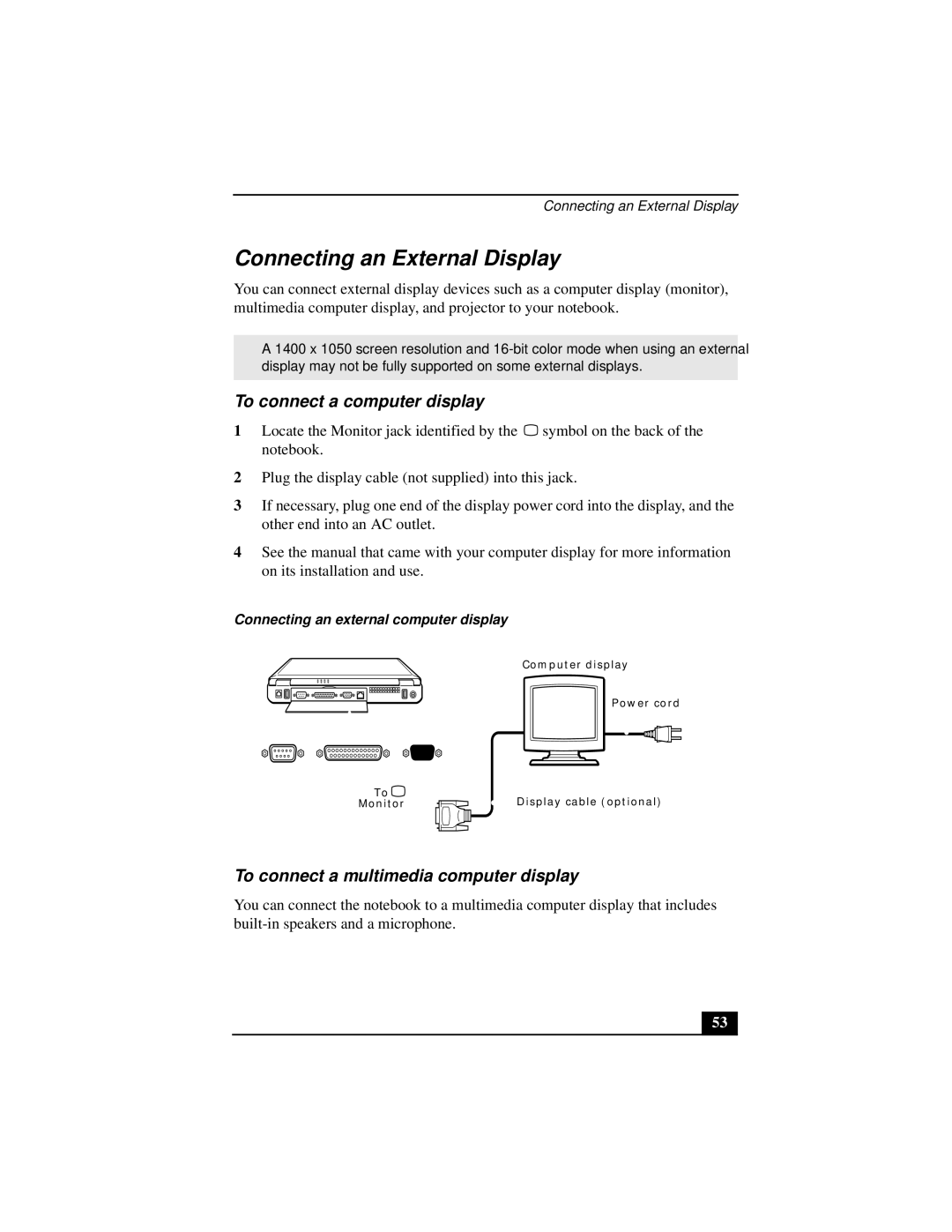 Sony PCGA-UMS1 Connecting an External Display, To connect a computer display, To connect a multimedia computer display 