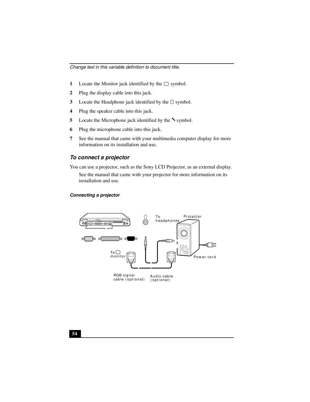 Sony PCGA-UMS1 manual To connect a projector, Connecting a projector 