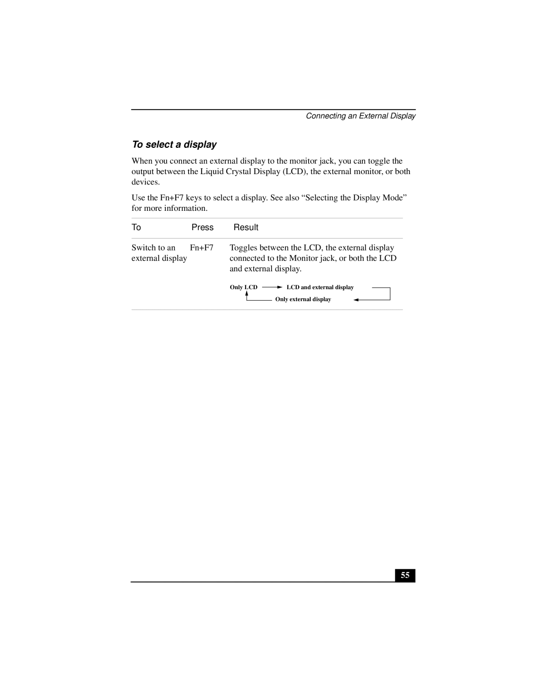 Sony PCGA-UMS1 manual To select a display, Press Result 