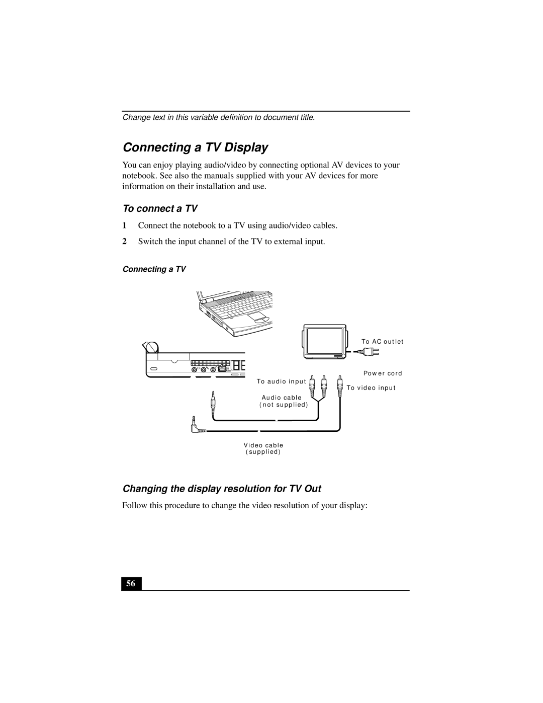 Sony PCGA-UMS1 manual Connecting a TV Display, To connect a TV, Changing the display resolution for TV Out 