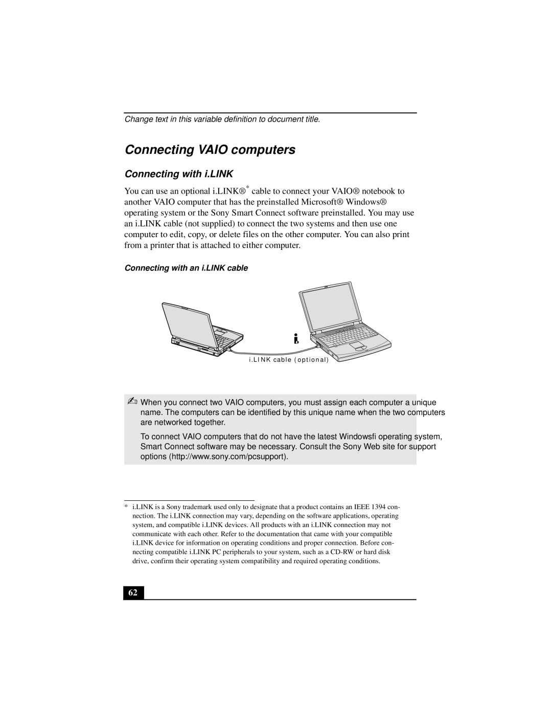 Sony PCGA-UMS1 manual Connecting Vaio computers, Connecting with i.LINK, Connecting with an i.LINK cable 