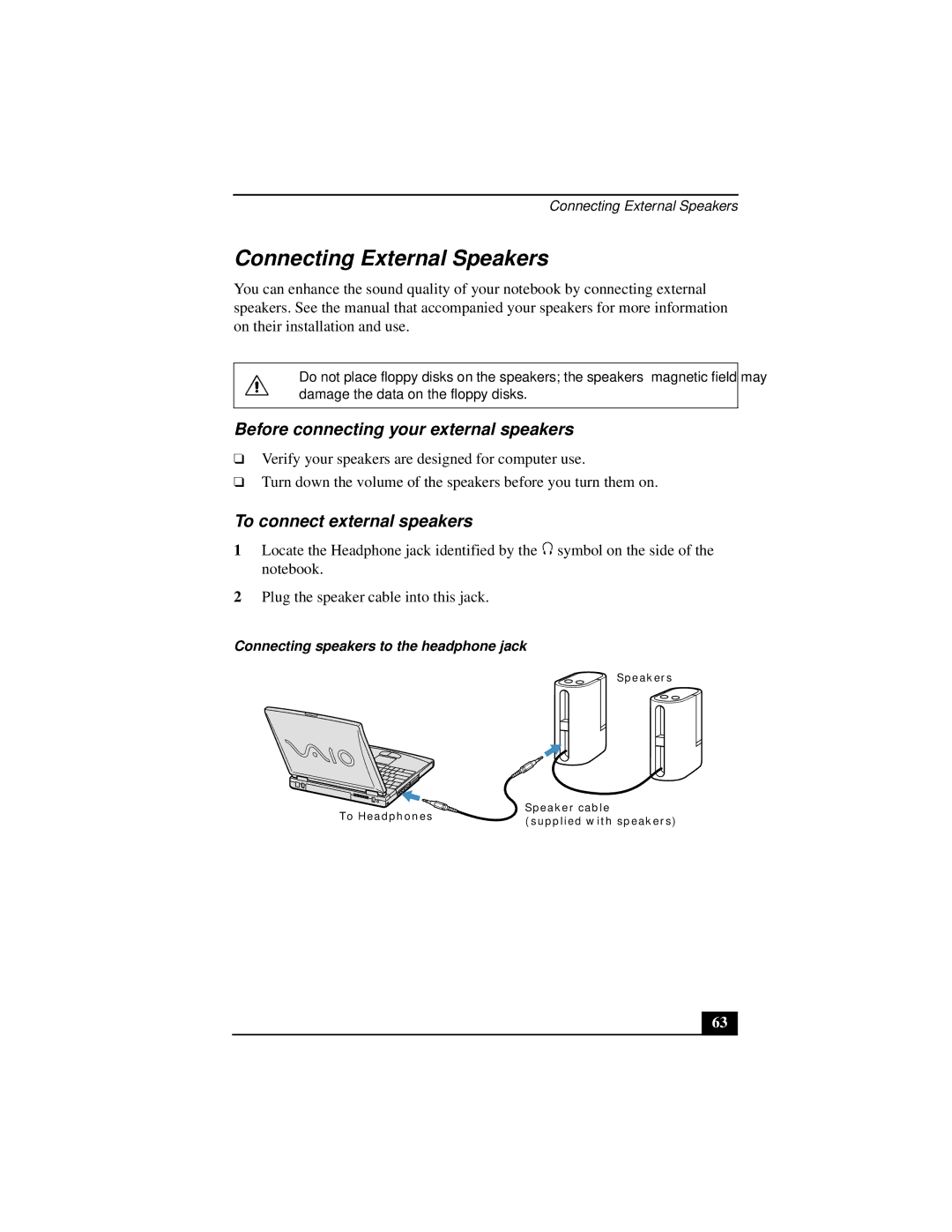 Sony PCGA-UMS1 manual Connecting External Speakers, Before connecting your external speakers, To connect external speakers 