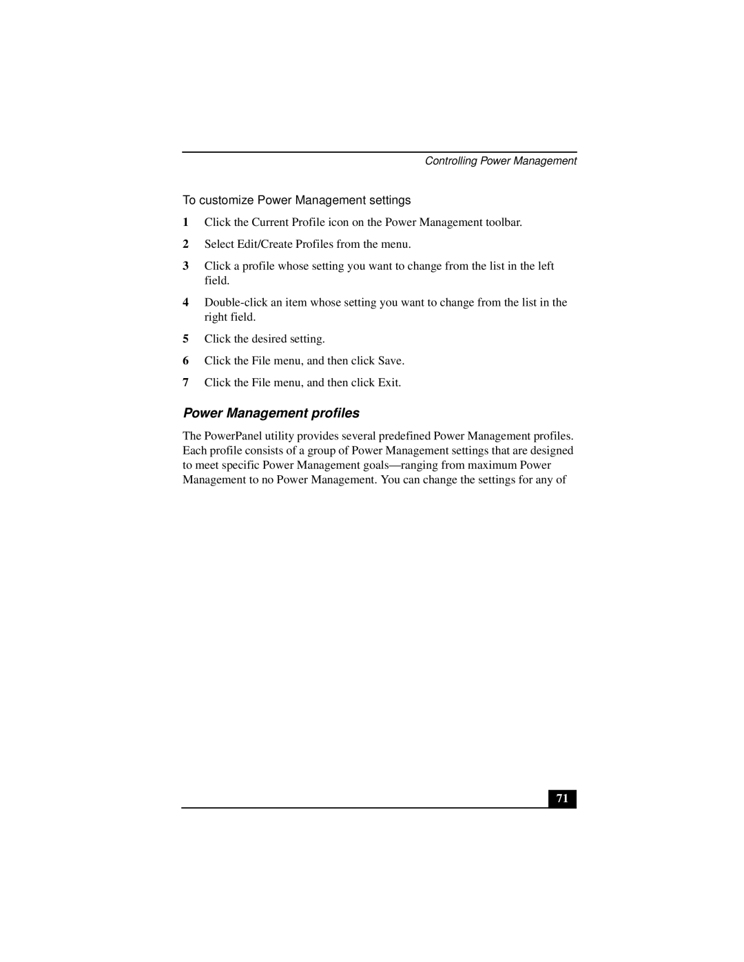 Sony PCGA-UMS1 manual Power Management profiles, To customize Power Management settings 