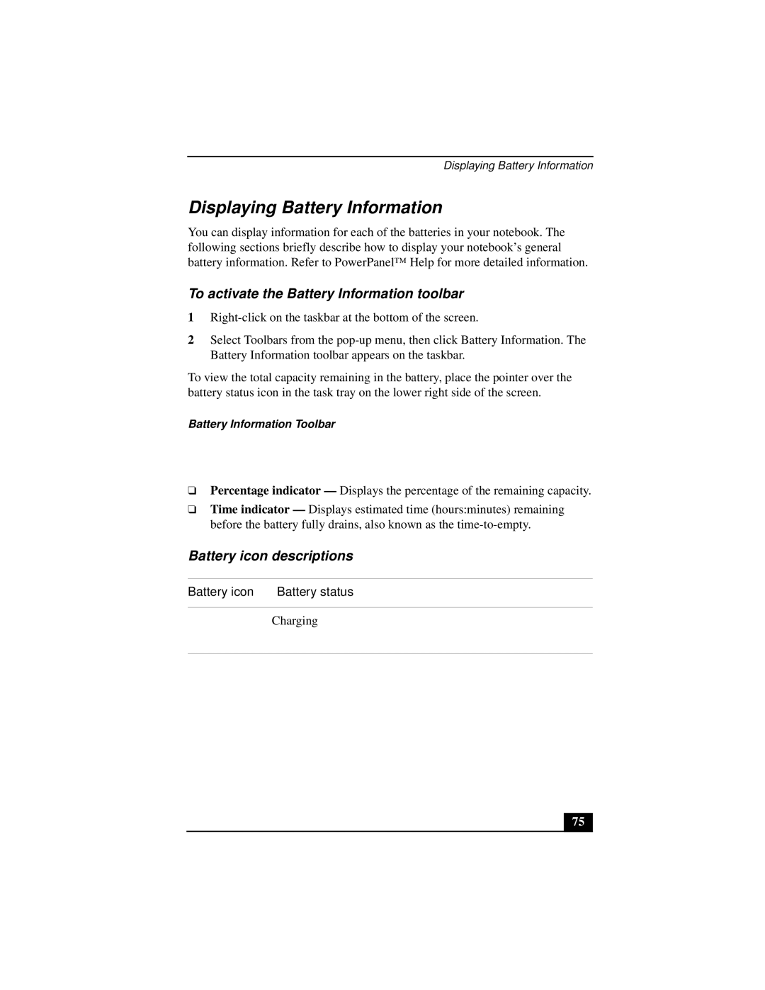 Sony PCGA-UMS1 Displaying Battery Information, To activate the Battery Information toolbar, Battery icon descriptions 