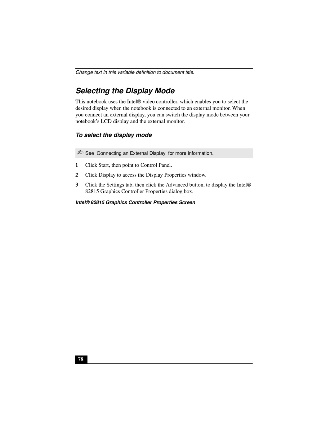 Sony PCGA-UMS1 Selecting the Display Mode, To select the display mode, Intel 82815 Graphics Controller Properties Screen 