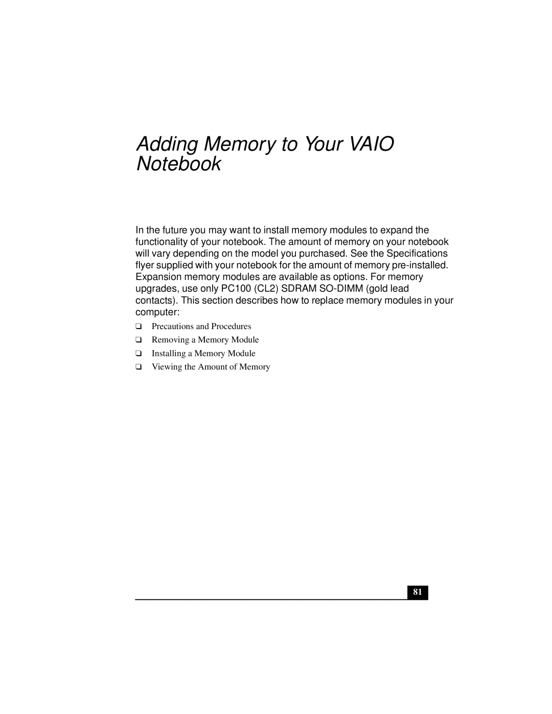 Sony PCGA-UMS1 manual Adding Memory to Your Vaio Notebook 