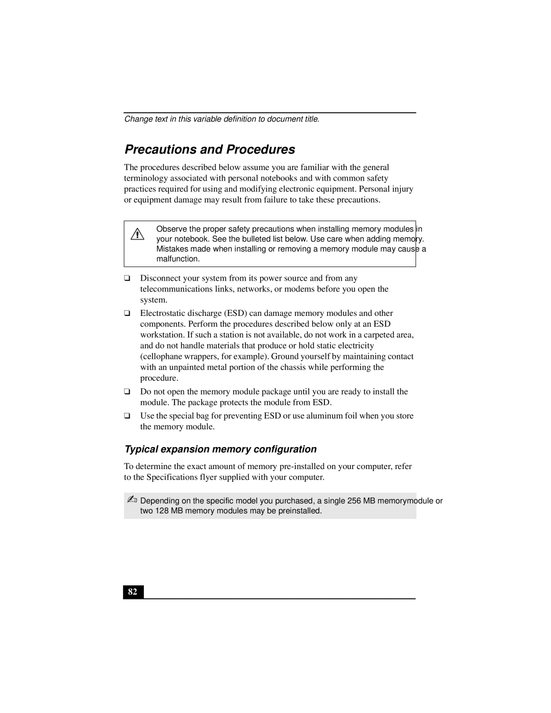 Sony PCGA-UMS1 manual Precautions and Procedures, Typical expansion memory configuration 