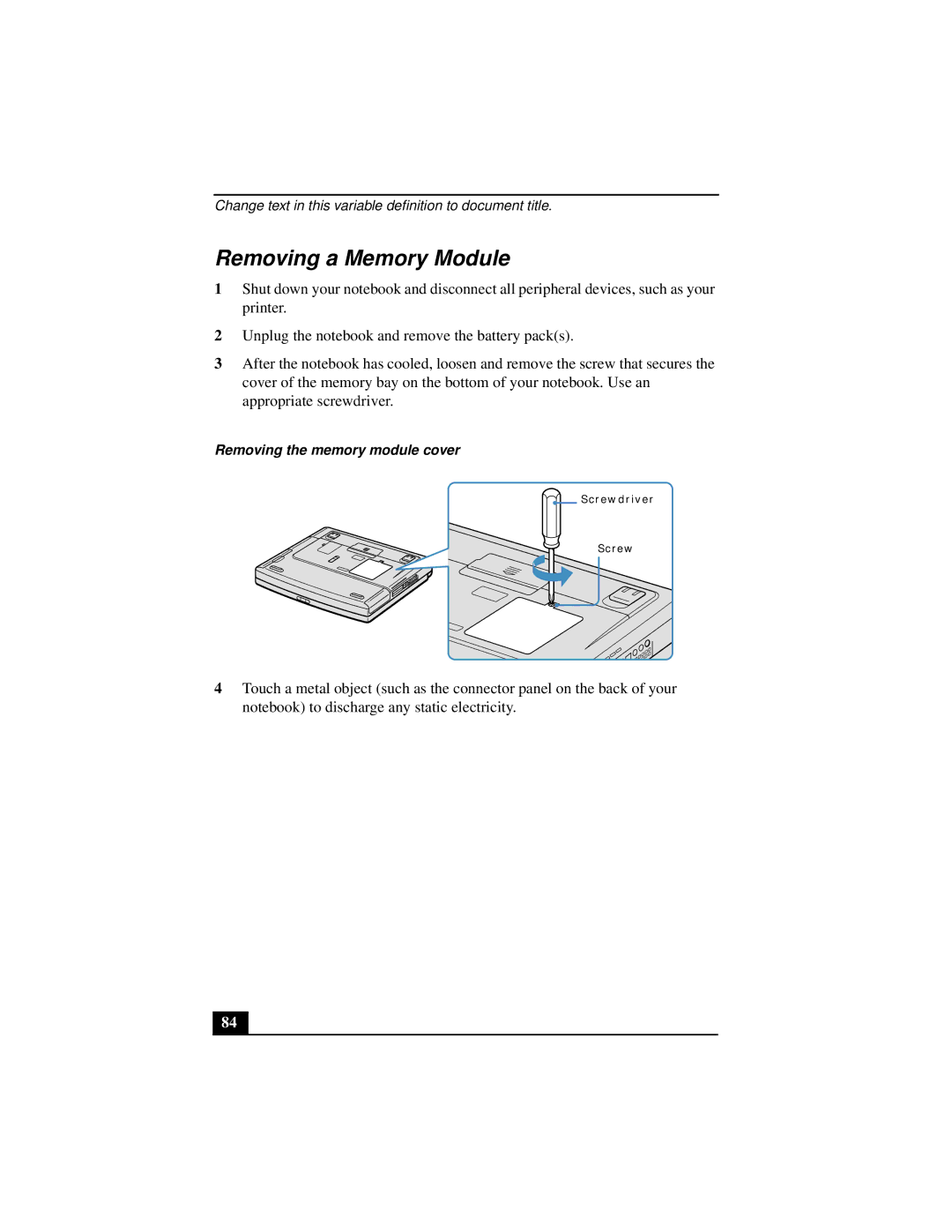 Sony PCGA-UMS1 manual Removing a Memory Module, Removing the memory module cover 